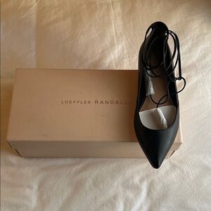 Loeffler Randall Black Pointed Toe Flats with Ankle Lace Up Detail